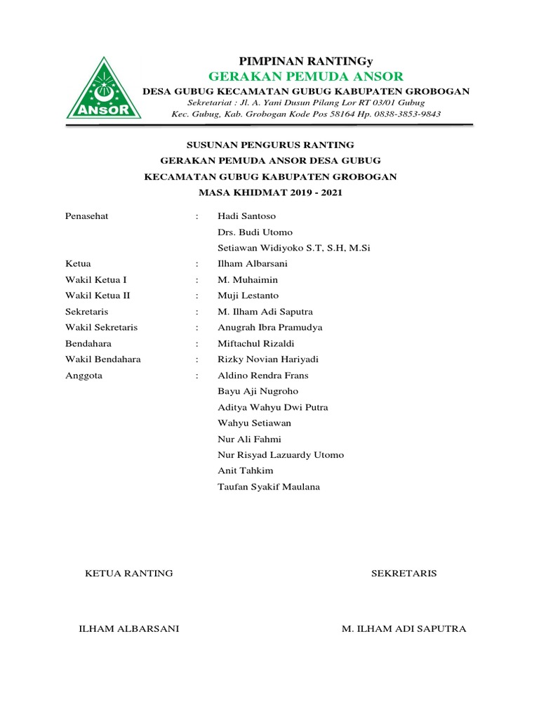 Susunan Pengurus Ansor Ranting Gubug | PDF