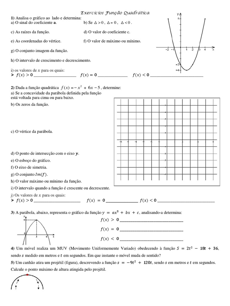 Exercícios sobre Função Quadrática | PDF | Métodos e Materiais de ...