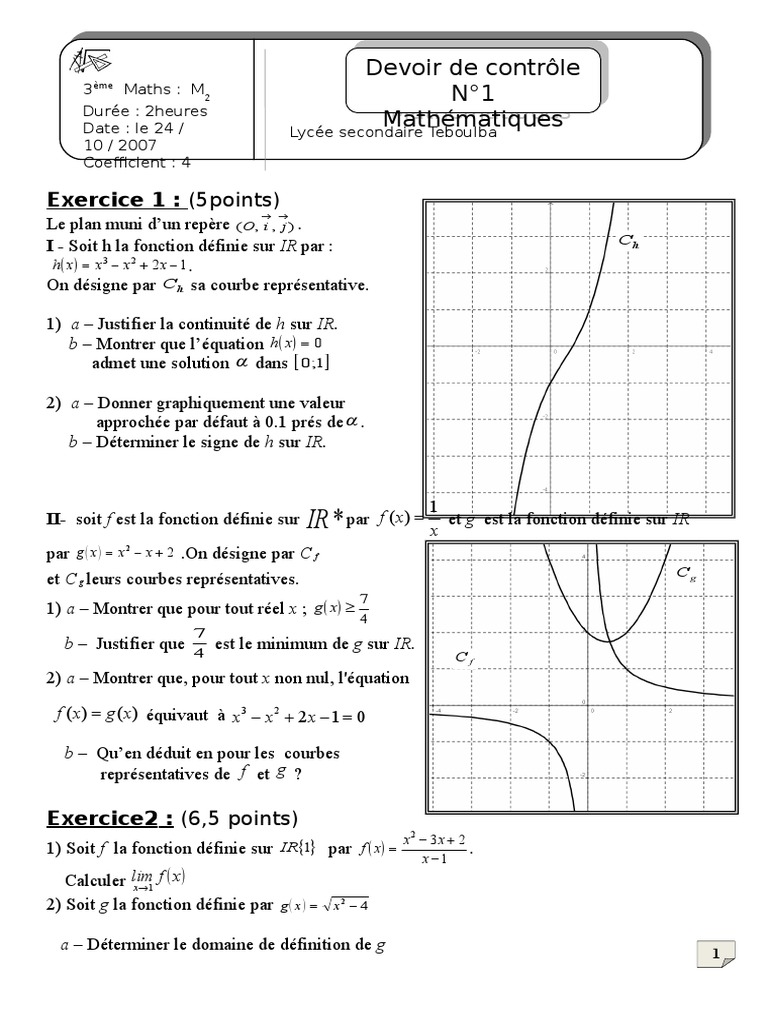 Devoir De Controle N 1 07 08 Teboulba Monastir Fonction Mathematiques Espace