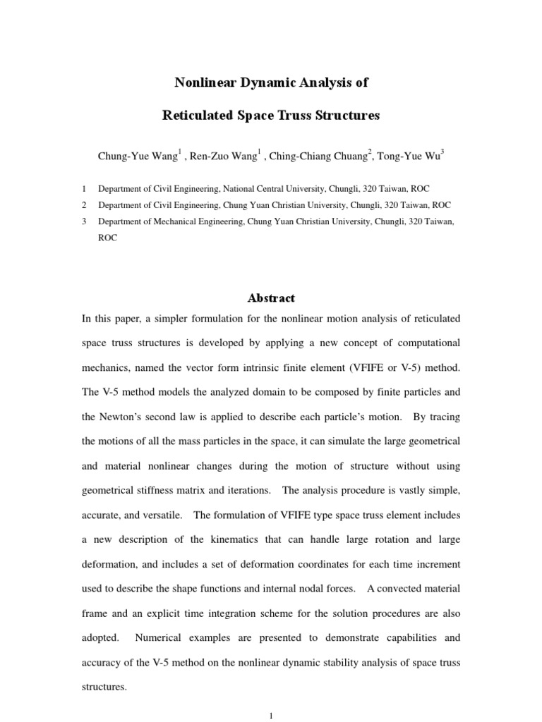 Nonlinear Dynamic Analysis of Space Trusses | PDF | Deformation ...