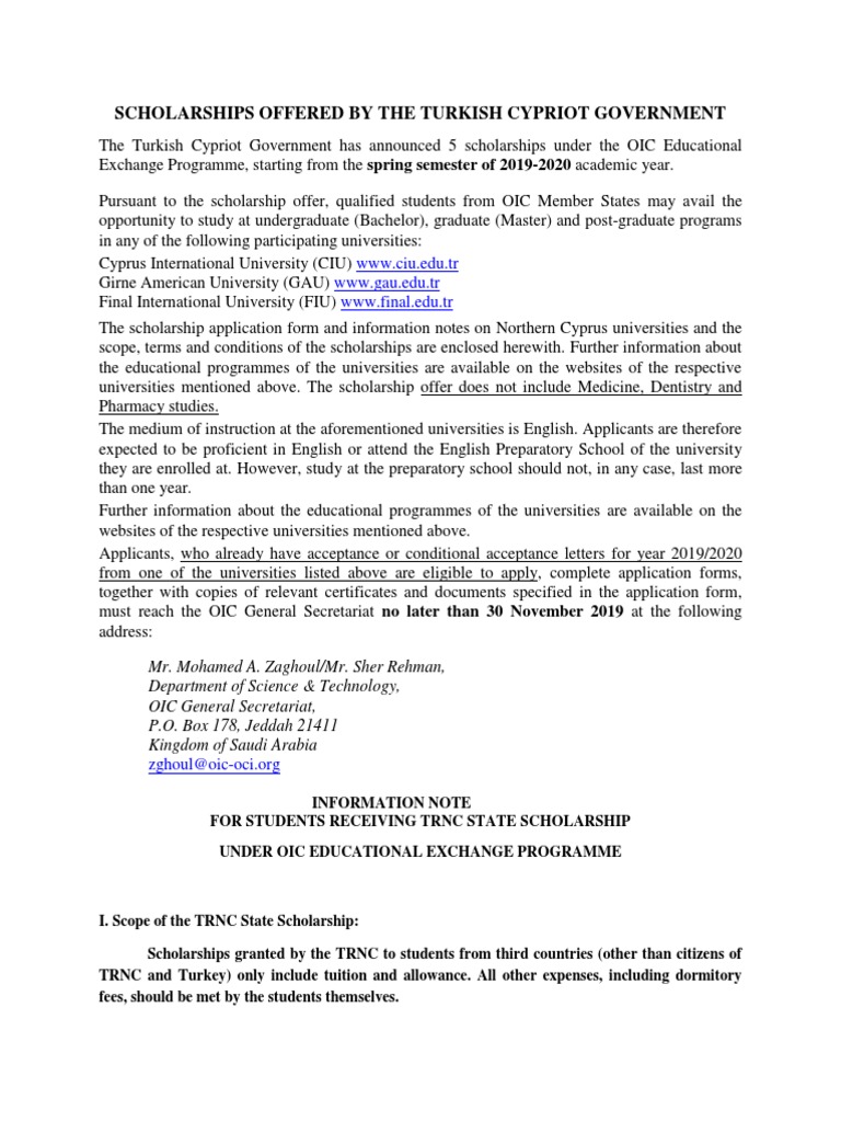 Scholarships Offered by The Turkish Cypriot Government WWW Ciu.edu