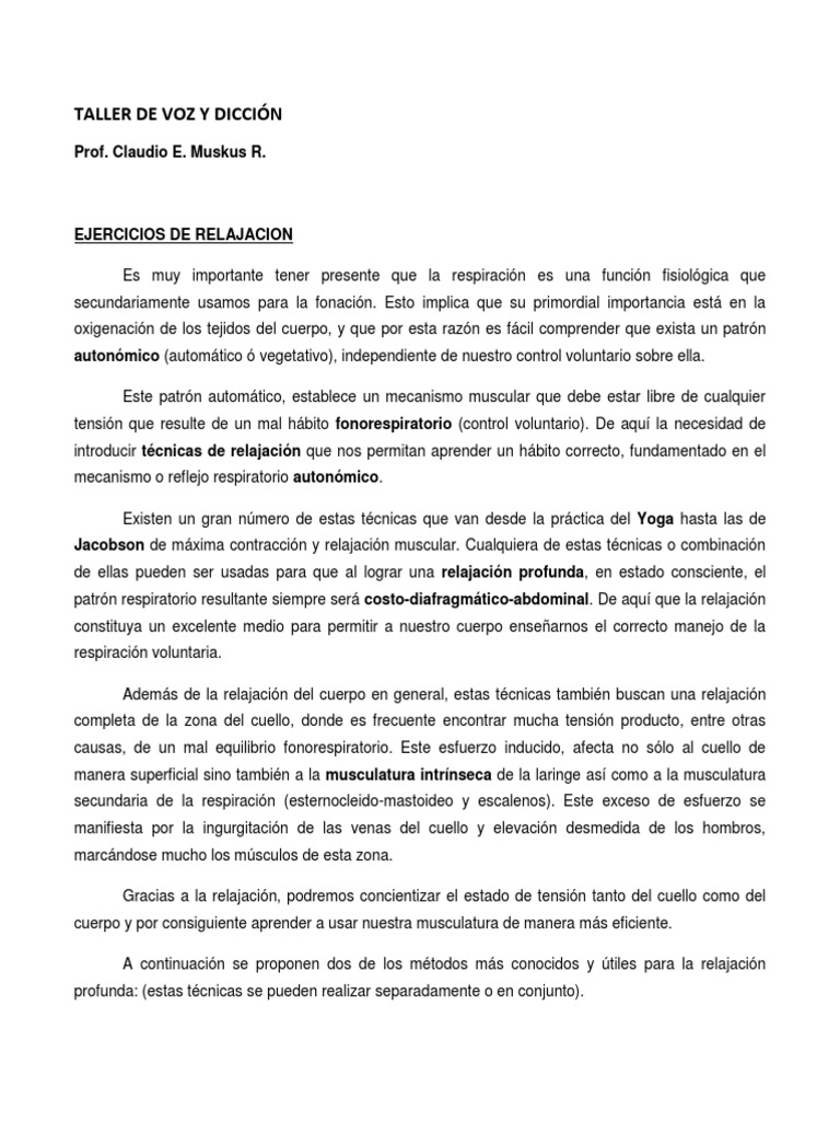 Ejercicios de Relajación y Respiración Taller de Voz y Dicción Lectura ...