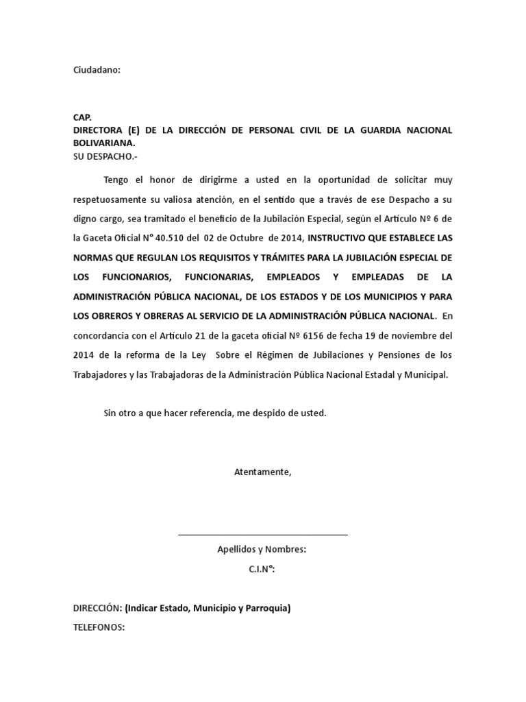 Carta Solicitud De Jubilacion Pdf