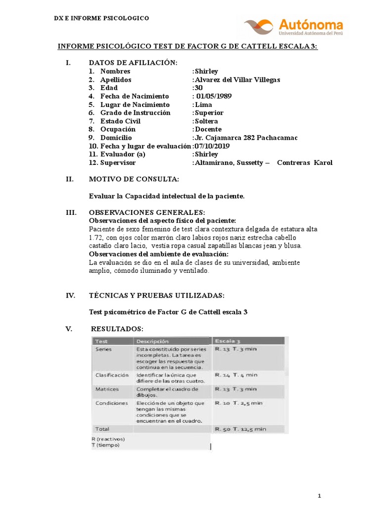 Informe del Test de Cattell Escala 3 | PDF | Cociente de inteligencia ...