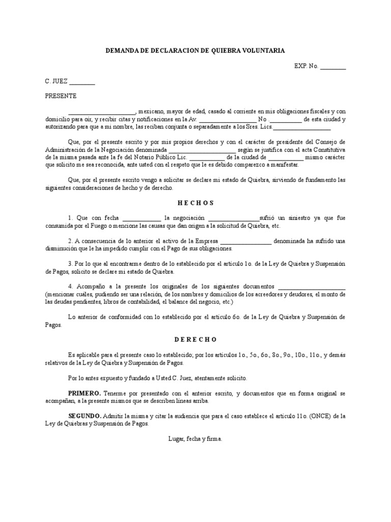 Demanda de declaracion de quiebra voluntaria pdf bancarrota gobierno