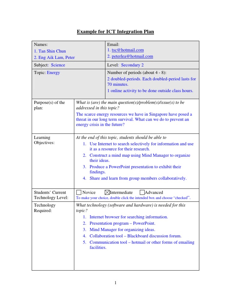 Example for ICT Integration Plan | Educational Technology | Internet Forum