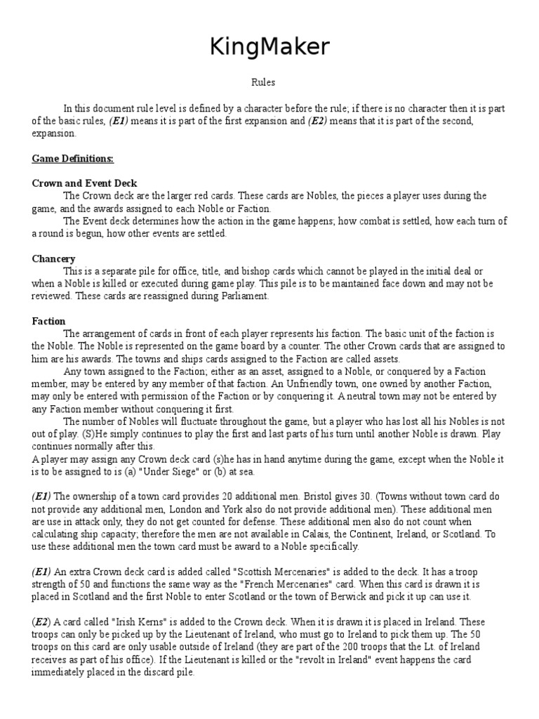 Kingmaker Game Definitions Crown and Event Deck PDF House Of