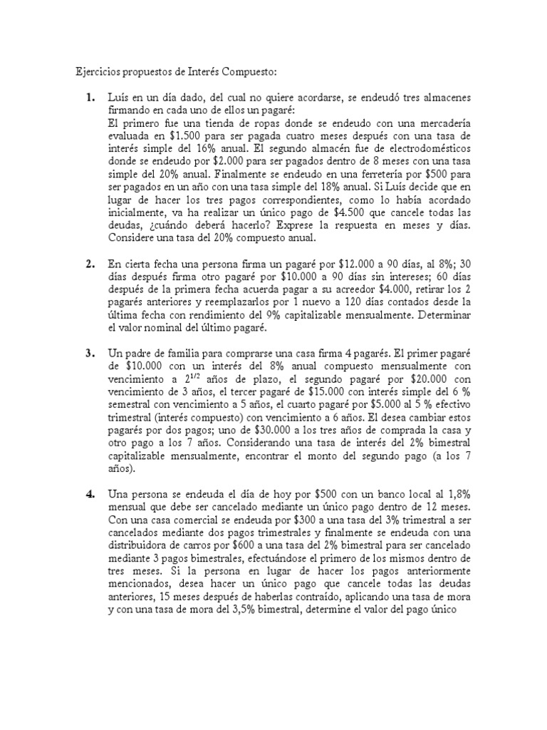 Ejercicios de Interés Compuesto y Pagarés | PDF | Economias | Finanzas ...