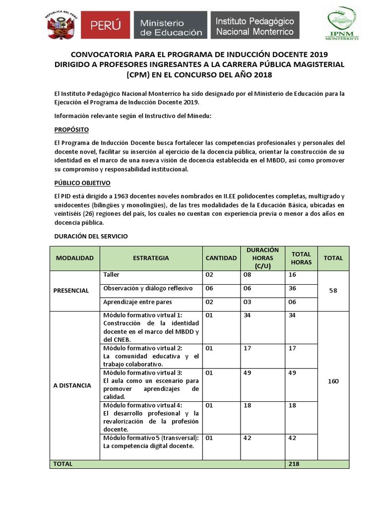 Convocatoria para El Programa de Inducción Docente 2019 | PDF ...