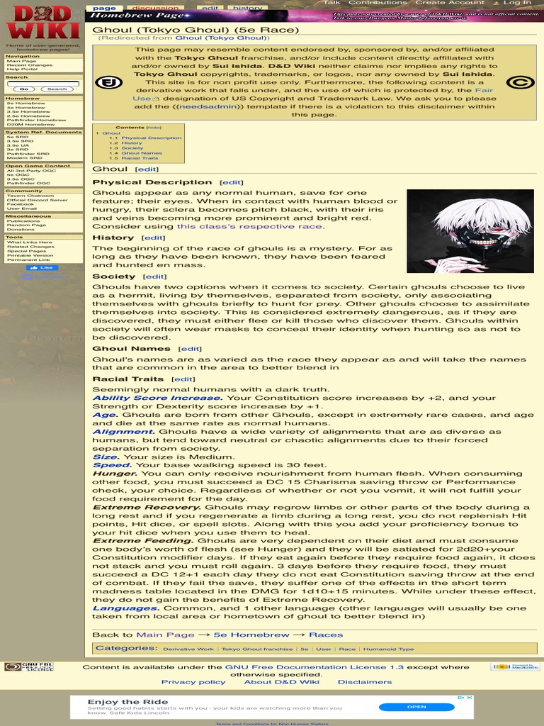 Ghoul (Tokyo Ghoul) (5e Race) - D&D Wiki PDF | PDF | Race (Human