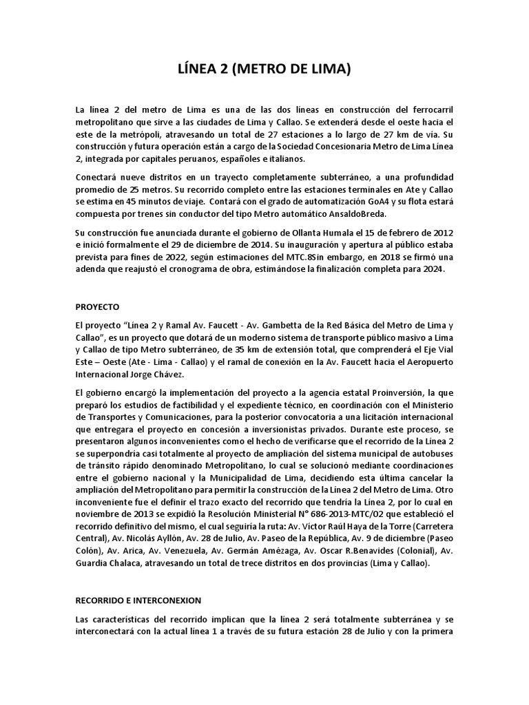 Avances de la Línea 2 del Metro de Lima | PDF | Transporte ferroviario ...