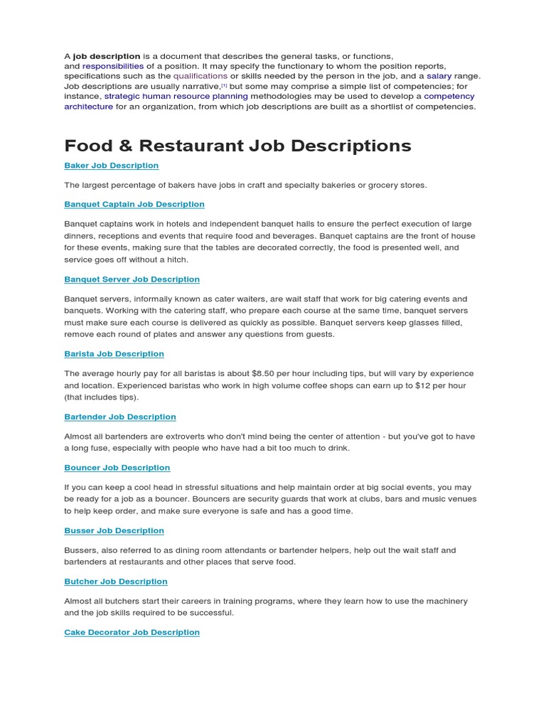 Food & Restaurant Job Descriptions Responsibilities Salary Strategic