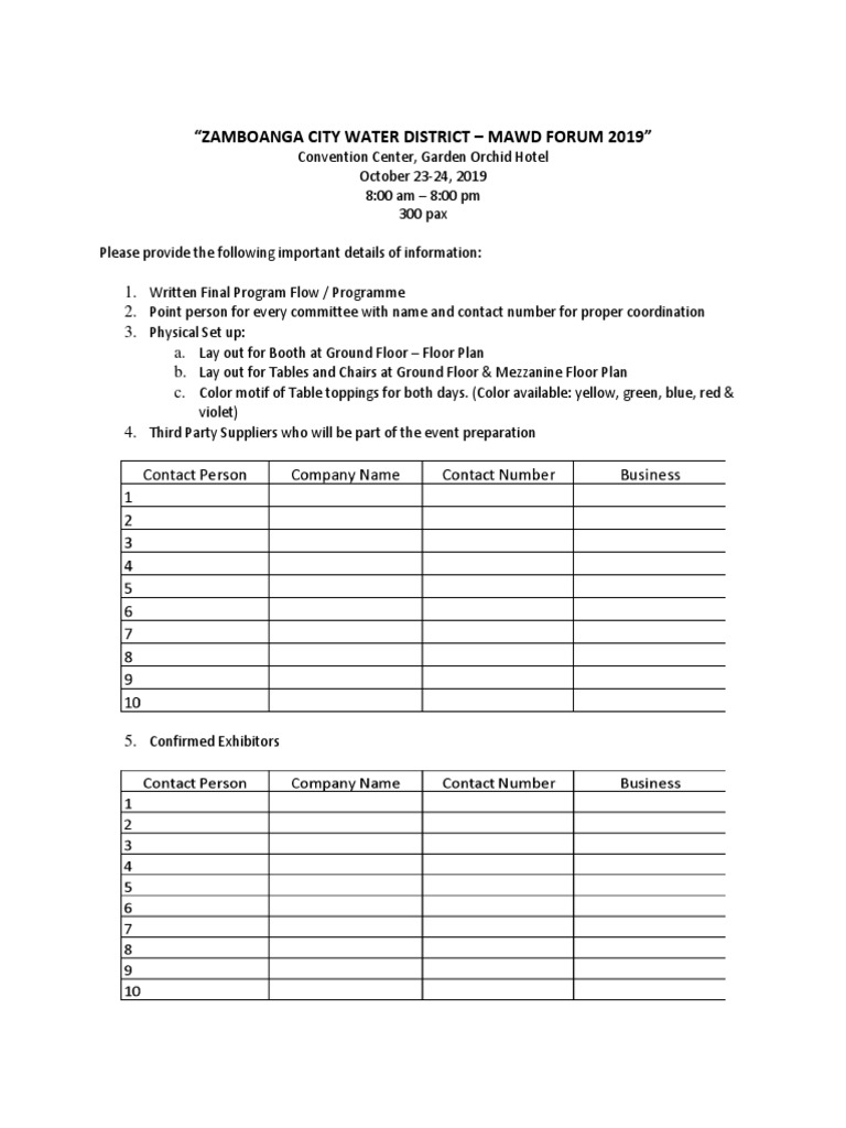 Template For Convention Requirements Pdf Business