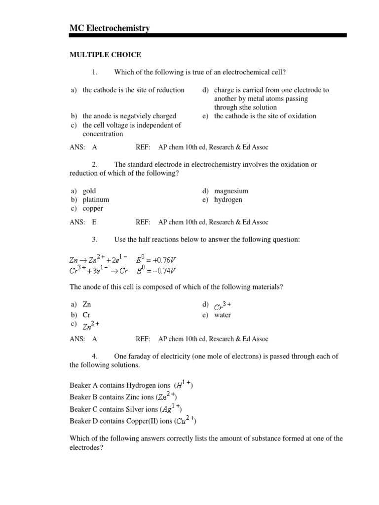 Electrochemistry Multiple Choice Review | PDF | Redox | Electrochemistry