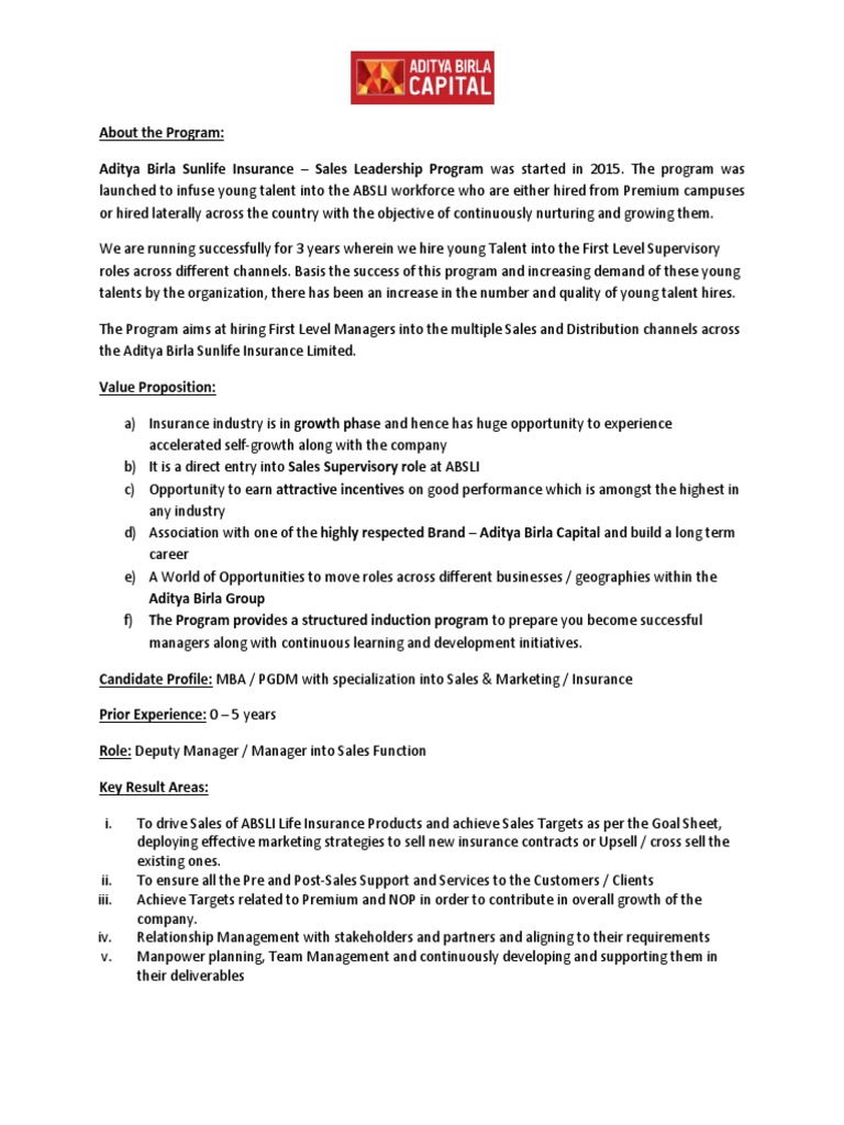 SLP Role Description PDF Sales Insurance