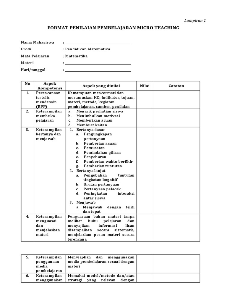 Format Penilaian Micro Teaching | PDF