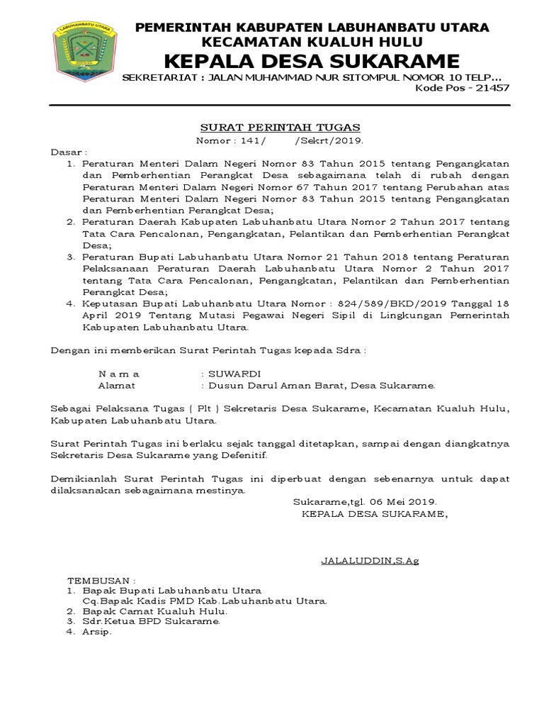Surat Perintah Tugas Sebagai Plt Sekdes
