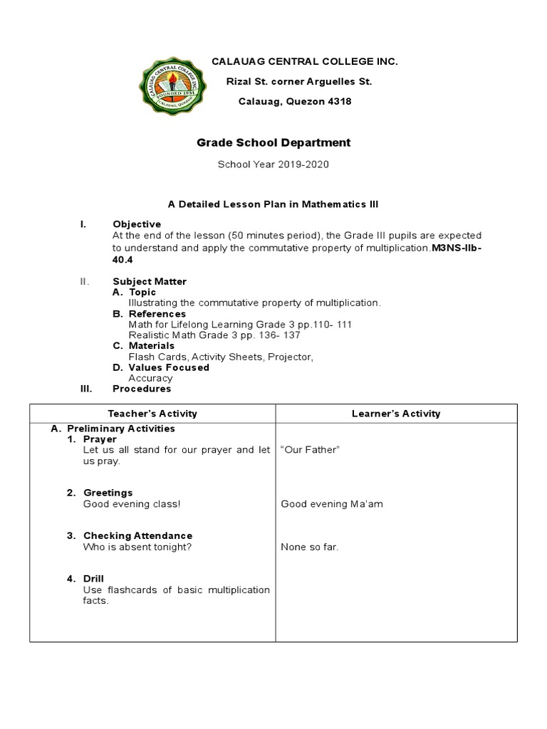 Grade 3 Commutative Multiplication Plan | PDF | Multiplication | Lesson ...
