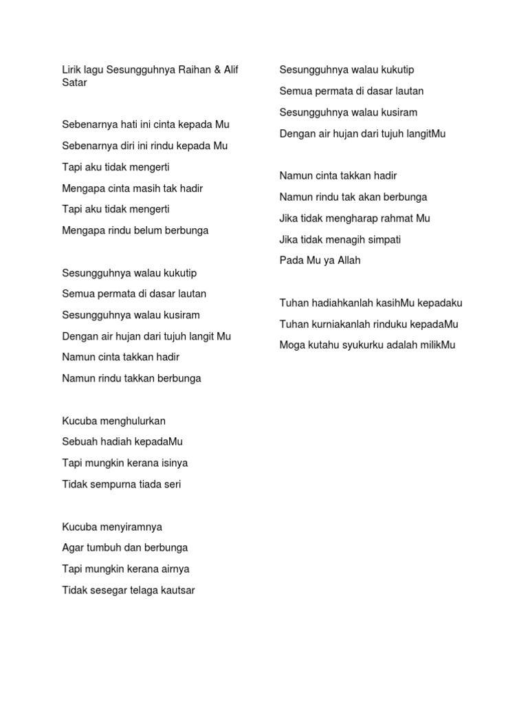 Lirik Lagu Sesungguhnya Raihan Docx