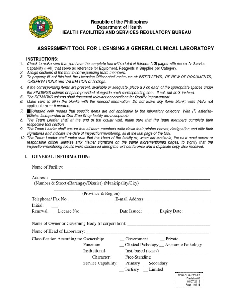 Assessment Tool For Licensing A General Clinical Laboratory PDF | PDF ...