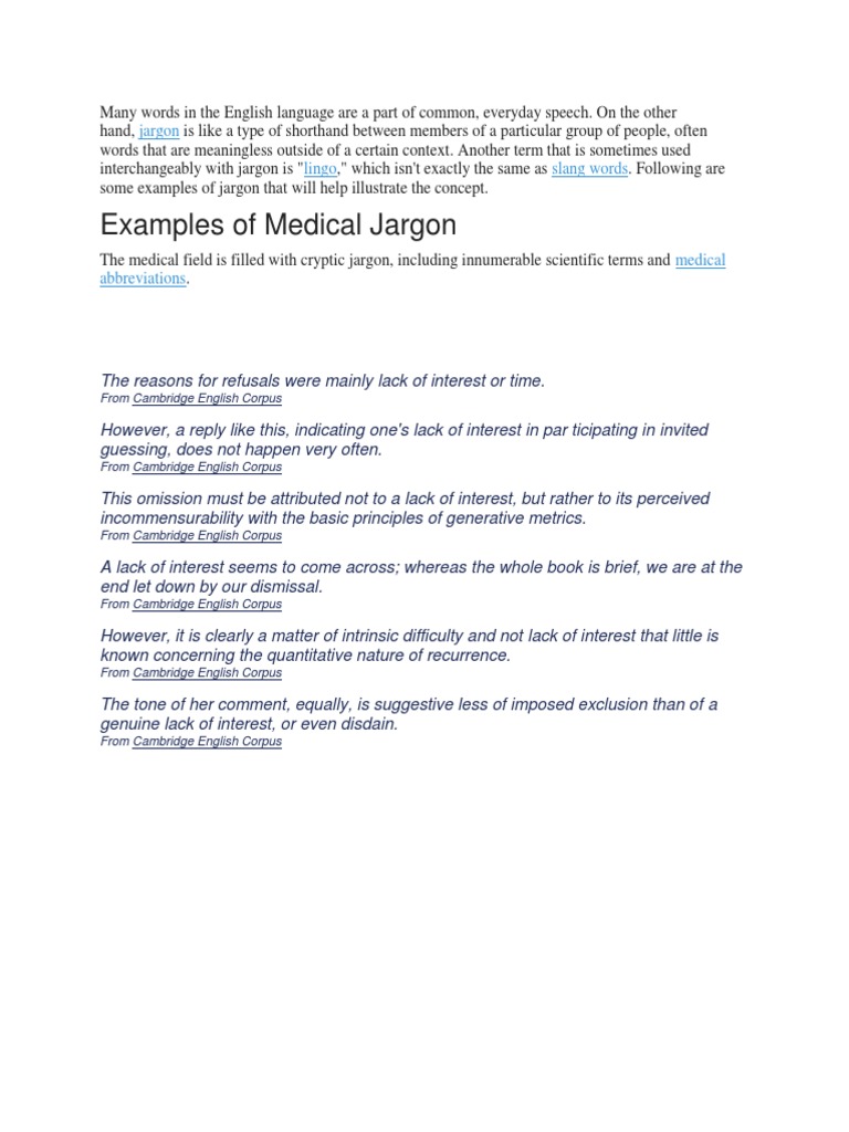 Examples of Medical Jargon Jargon Lingo Slang Words PDF