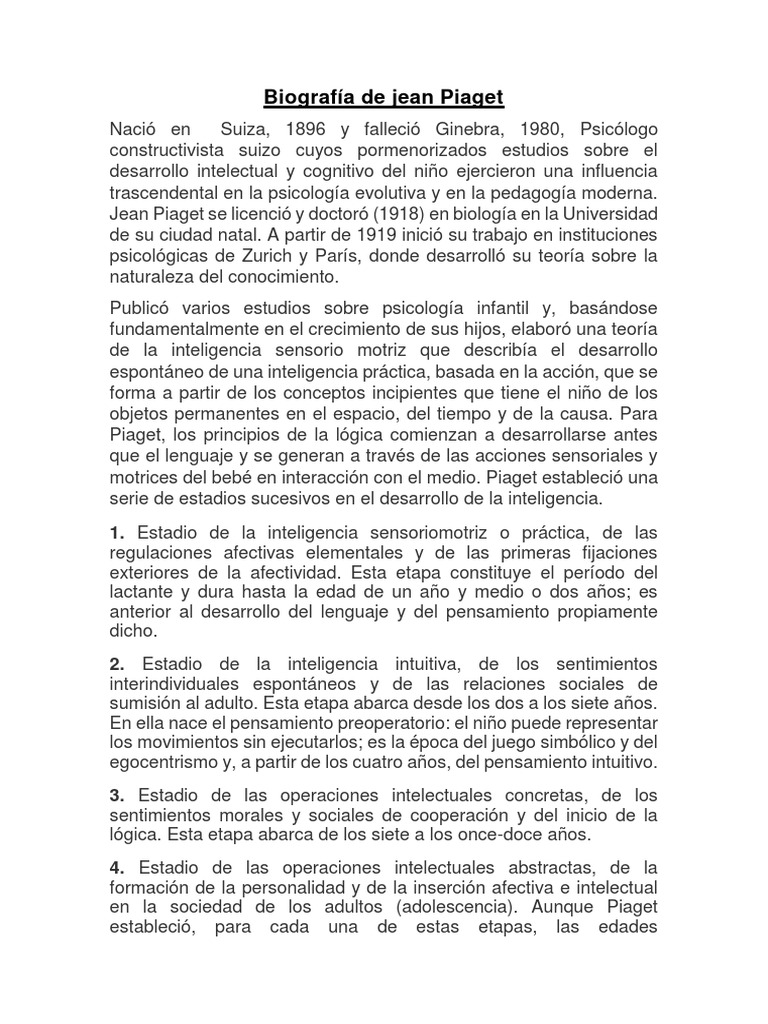 Biografía de Jean Piaget | PDF | Constructivismo (filosofía de la ...