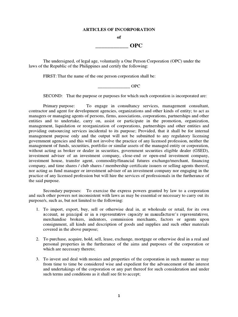 Sample Articles of Inc One Person Corporation PDF Securities