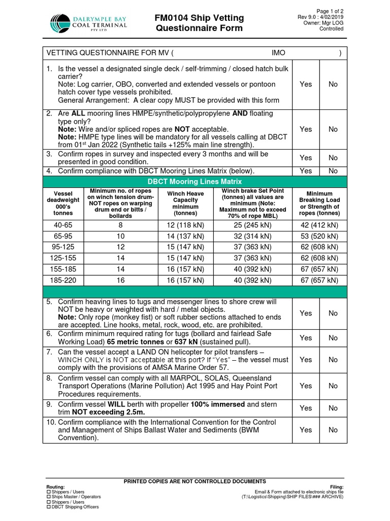 MV Ship Vetting Questionnaire Form | PDF | Ships | Tugboat