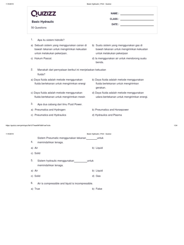 Basic Hydraulic - Print - Quizizz | PDF