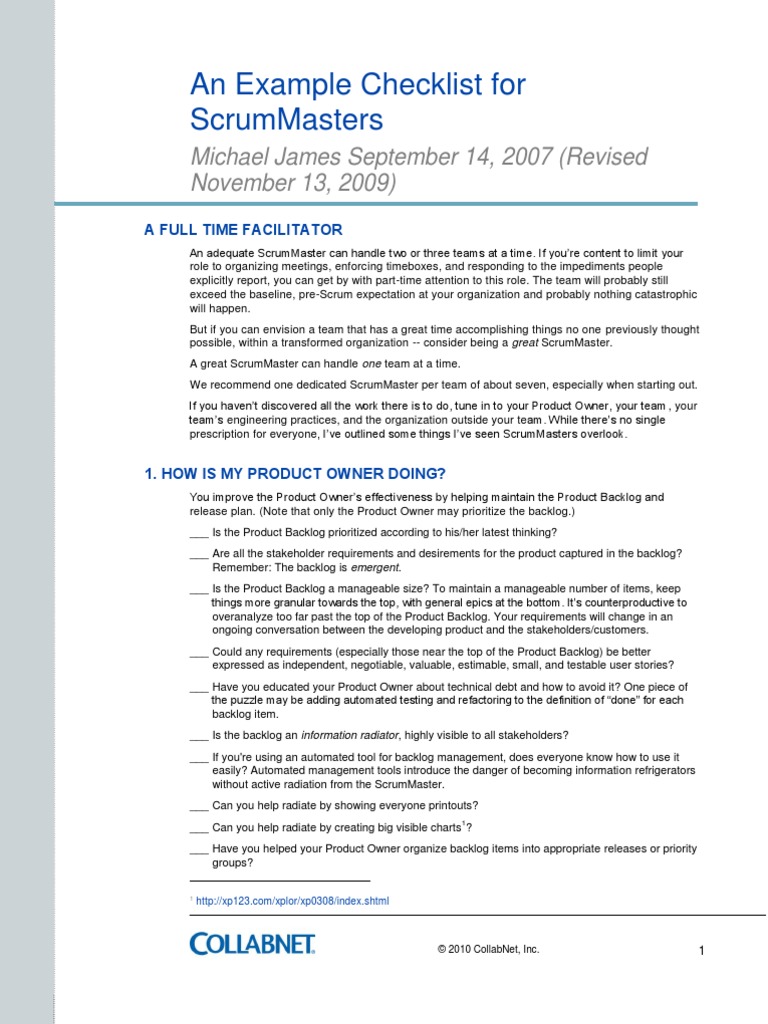 CollabNet WP ScrumMasterChecklist | PDF
