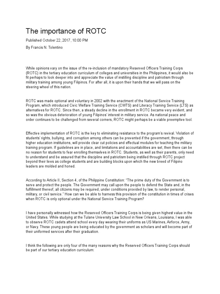 Importance of ROTC in Education | PDF | Reserve Officers' Training ...