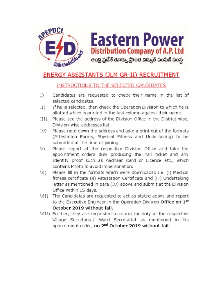 Energy Assistants (JLM GrIi) Recruitment Instructions To The Selected