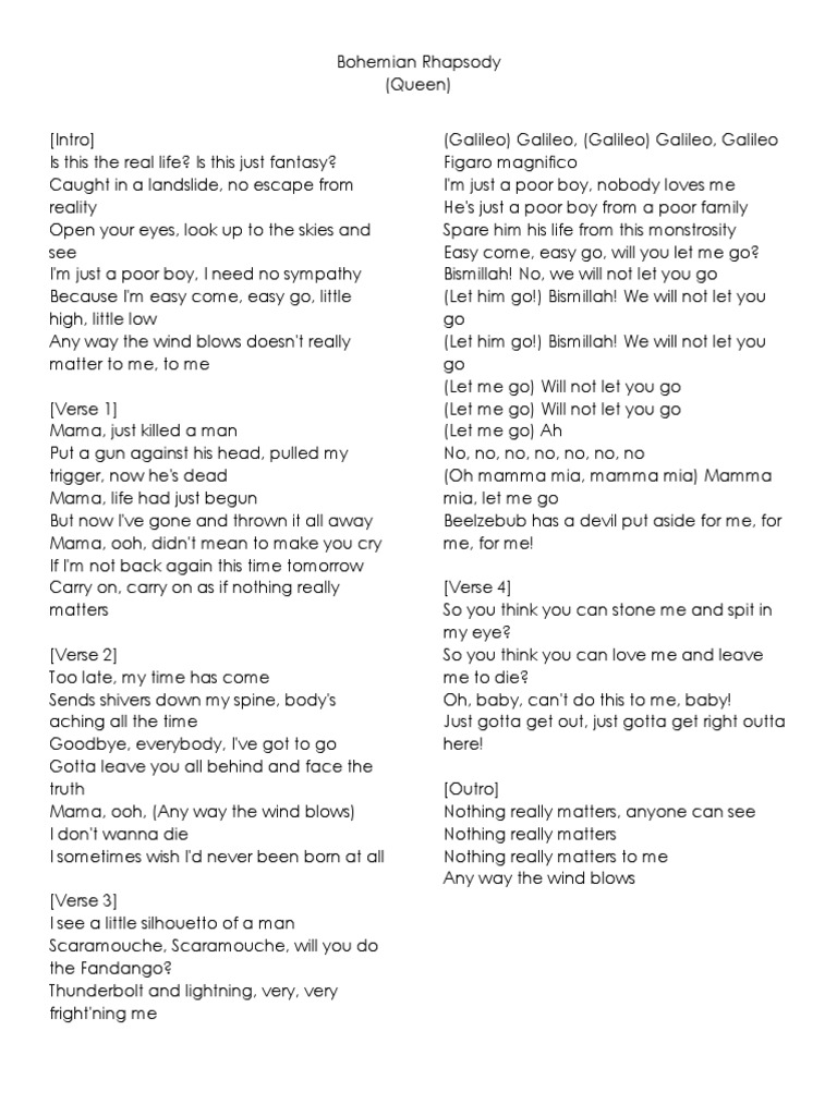 Parole En Francais De Bohemian Rhapsody Bohemian Rhapsody Lyrics | PDF