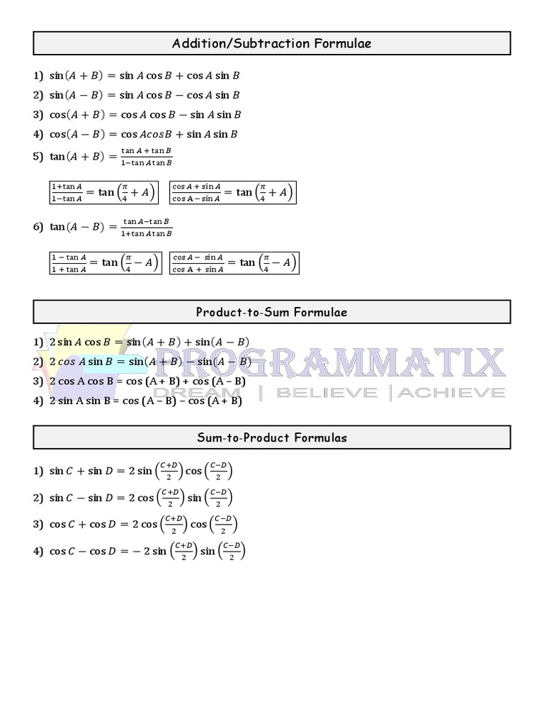 Addition/Subtraction Formulae: Product To Sum Formulae | PDF | Lie ...