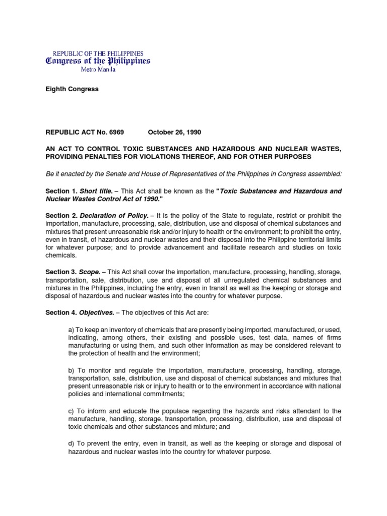 Republic Act 6969 Toxic Substances, Hazardous and Nuclear Waste Control