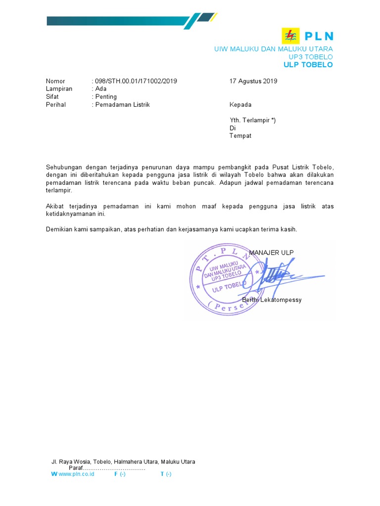 Contoh Surat Pemadaman