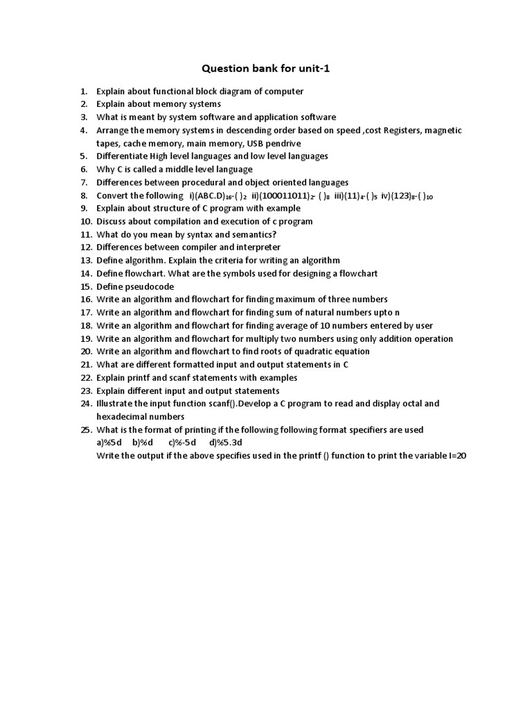 Question Bank For Unit-1 | PDF | C (Programming Language) | Control Flow