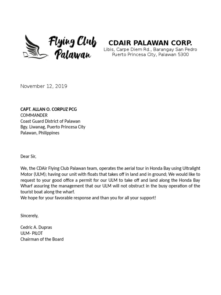 CDAIR Permit Request for Honda Bay ULM | PDF | Business