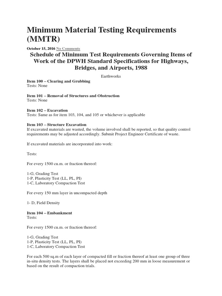 Minimum Testing Requirements for Asphalt | PDF | Road Surface | Asphalt