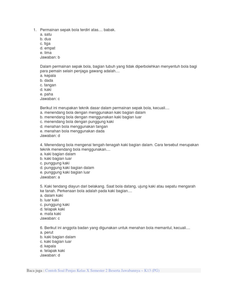Contoh Soal Penjas Kelas X Semester 2 Beserta Jawabannya K13 Pg