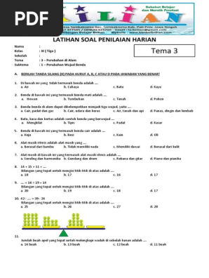 Soal Tematik Kelas 3 Sd Tema 3 Subtema 1 Perubahan Wujud Benda Dan Kunci Jawaban Pdf