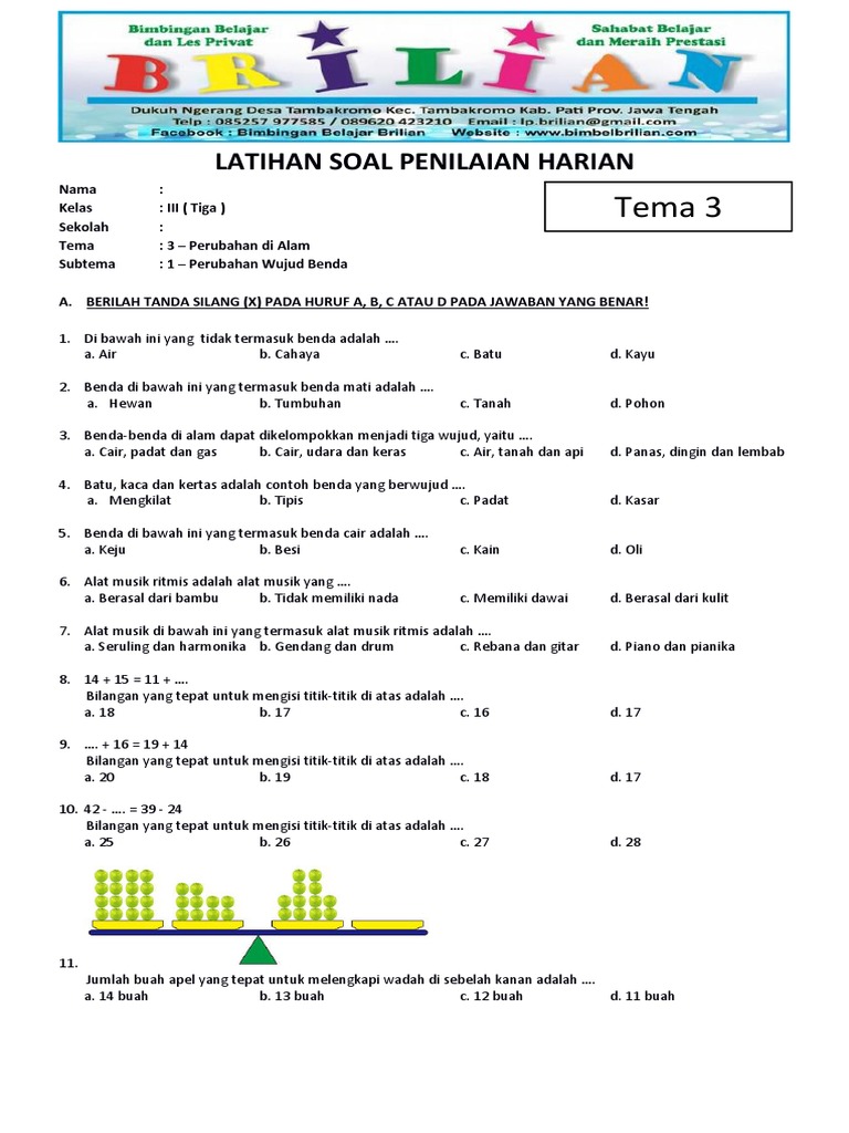 Soal Tematik Kelas 3 Sd Tema 3 Subtema 1 Perubahan Wujud Benda Dan Kunci Jawaban Pdf