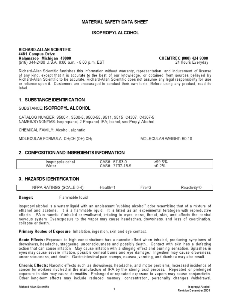 Material Safety Data Sheet Isopropyl Alcohol | Download Free PDF ...
