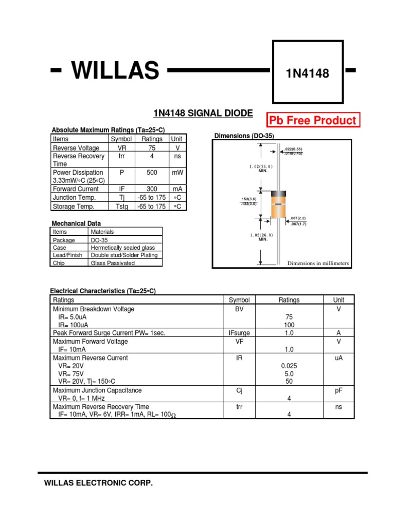 Diode 1N4148 Data Sheet PDF Diode