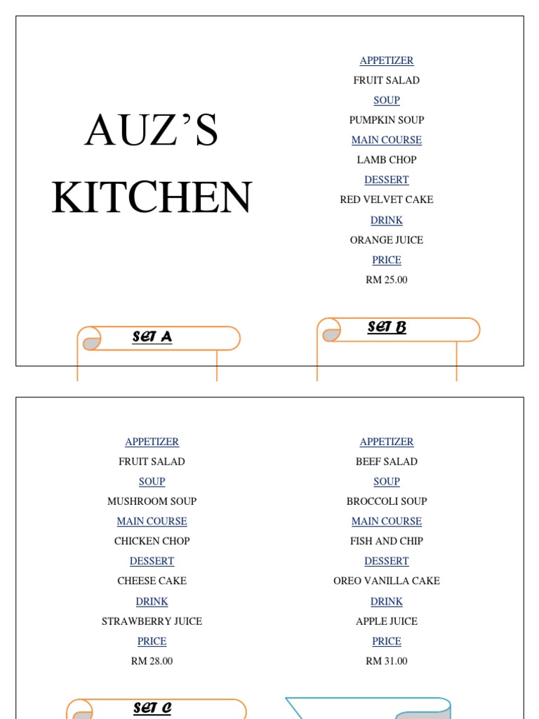 Auz's Kitchen Set Menu Options | PDF