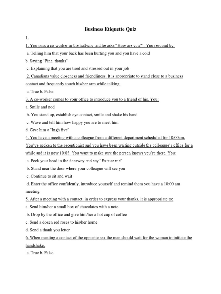 Business Etiquette Quiz PDF