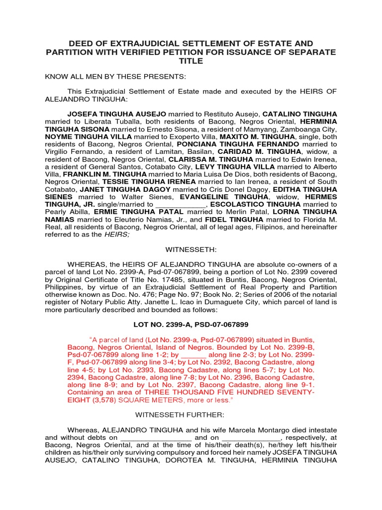 Deed Of Extrajudicial Settlement Of Estate And Partition With Verified