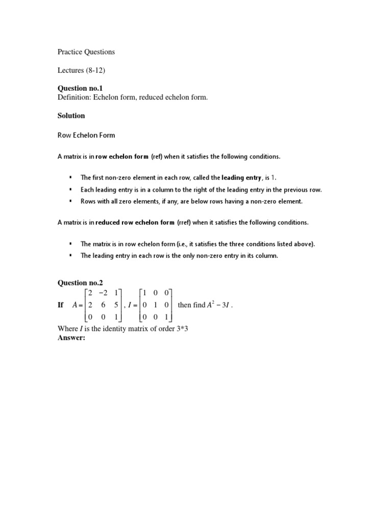 Solutions of Practice Questions Matrices and Determinant PDF Matrix