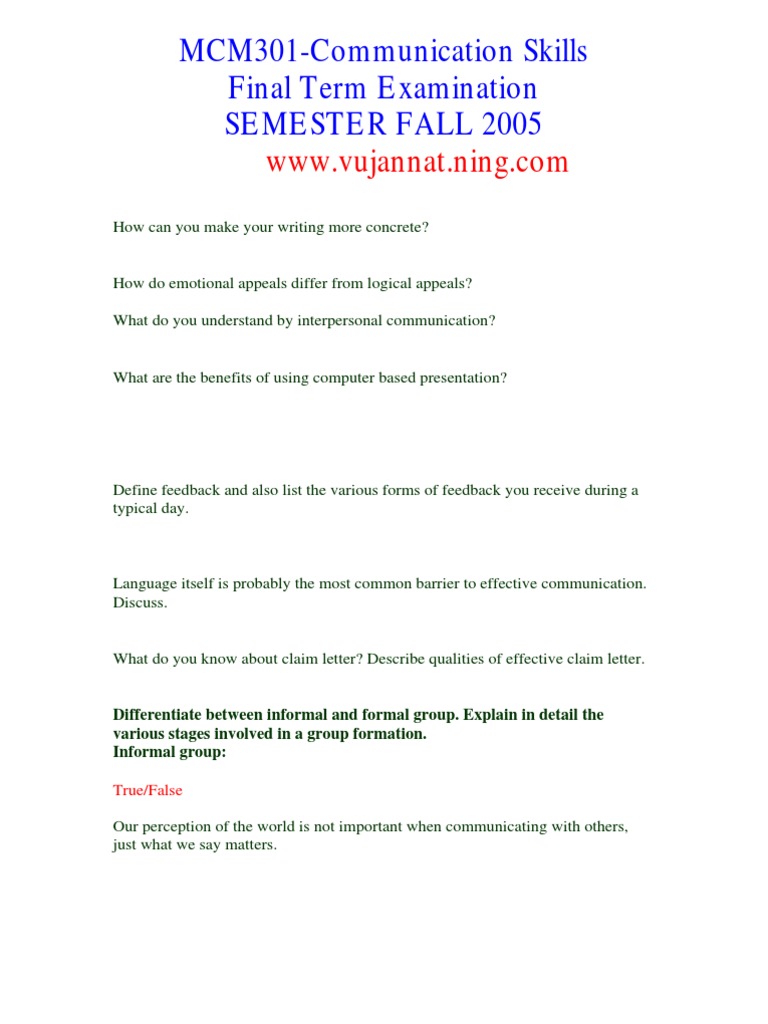 MCM301 Communication Skills Exam Guide | PDF | Multiple Choice | Question