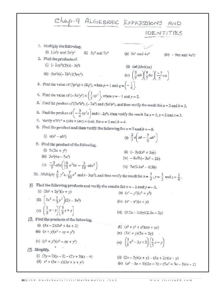Class 8 Algebraic Identities Worksheet | PDF